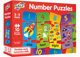 Vibrant Galt Number Puzzles set featuring 10 colorful 3-piece puzzles for toddlers to learn counting and number recognition.