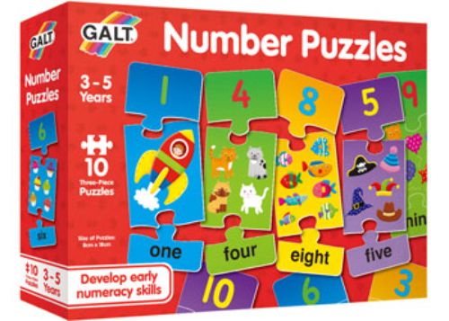 Vibrant Galt Number Puzzles set featuring 10 colorful 3-piece puzzles for toddlers to learn counting and number recognition.