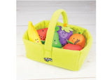 Colorful soft fruit basket filled with vibrant, textured toys for toddlers, promoting imaginative play and sensory exploration.