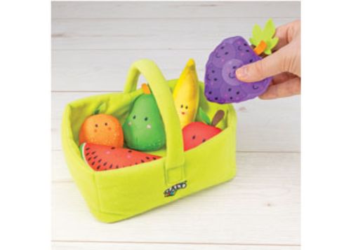 Colorful soft basket filled with sensory fruit toys for toddlers, promoting imaginative play and fine motor skills.