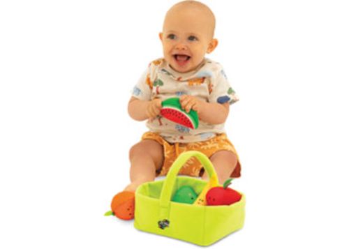 Soft basket filled with vibrant fruit toys for toddlers, promoting imaginative play and sensory exploration.