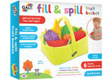 Soft, colorful fruit basket for toddlers featuring various textured fruits; encourages imaginative play and fine motor skills.