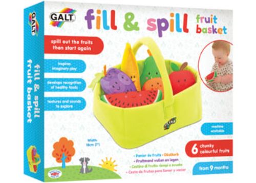 Soft, colorful fruit basket for toddlers featuring various textured fruits; encourages imaginative play and fine motor skills.