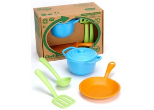 Eco-friendly Green Toys Chef Set made from recycled plastic, includes pot, skillet, ladle, and spatula for imaginative cooking play.