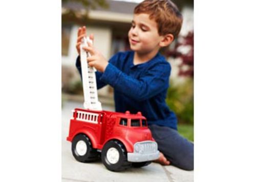 Eco-friendly Green Toys Fire Truck made from recycled plastic with a rotating ladder and removable side ladders, safe for kids 1+.