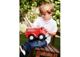 Eco-friendly Green Toys Fire Truck, made from recycled plastic, features a rotating ladder and removable side ladders for imaginative play.