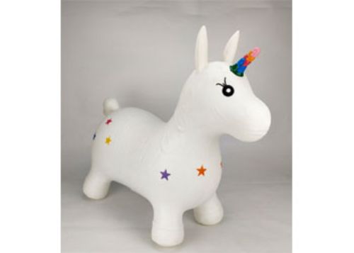 Happy Hopperz White Unicorn: inflatable unicorn with long ears, sturdy body, and pump for imaginative bounce play. Safe for kids 12 months+.