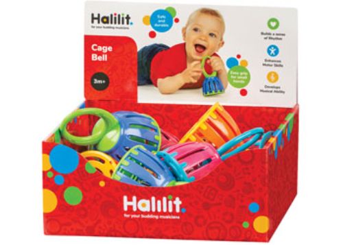 Colorful Halilit Cage Bell CDU12 set of 12, safe musical toys for infants, promoting auditory skills and sensory play.