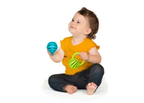 Brightly colored Halilit Tropical Cage Bell CDU14, a safe musical toy for infants promoting sound exploration and sensory development.