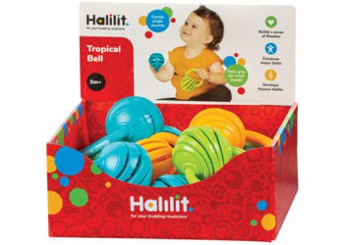 Brightly colored Halilit Tropical Cage Bell designed for infants, promoting auditory skills and sensory exploration through delightful sounds.