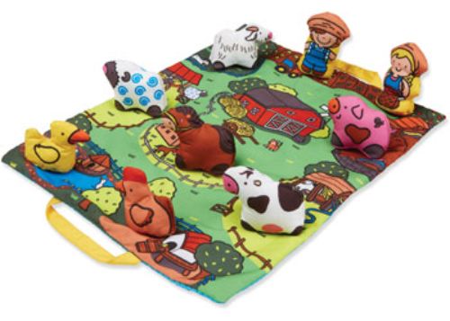 Colorful Take-Along Farm Play Mat with soft farm animals, non-skid backing, and folds for easy travel, promoting imaginative play.