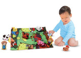 Colorful, foldable farm play mat with nine sensory animals, designed for imaginative and interactive play. Ideal for travel.