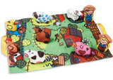 Colorful foldable farm play mat with soft animal figures for imaginative play and sensory stimulation, perfect for toddlers.