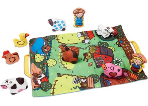 Colorful foldable play mat featuring a vibrant farm scene with soft crinkly animals and farmer figures for imaginative play.