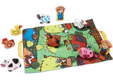 Colorful foldable play mat featuring a vibrant farm scene with soft crinkly animals and farmer figures for imaginative play.