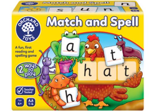 Educational Orchard Game - Match and Spell featuring letter cards, word boards, and colorful illustrations for early literacy.