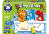 Colorful dinosaur-themed game set for kids, featuring 4 playing boards, a spinner, and 25 squeaky dinosaur cards.