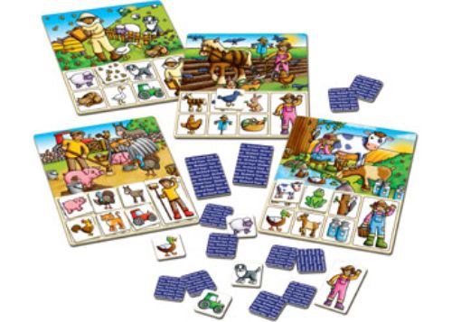 Colorful lotto game with farm animals and objects, designed for early learning and matching skills in young children.