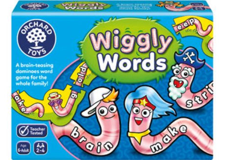 Colorful domino-style word game Wiggly Words promotes spelling fun and family engagement for kids aged 6 and up.