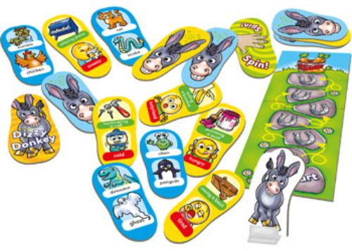 Colorful box of Orchard Game - Dizzy Donkey featuring a family-friendly charades game for kids aged 5+, promoting laughter and teamwork.