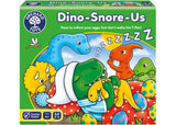 Colorful Dino-Snore-Us game by Orchard Toys featuring a T-rex and dinosaur eggs, perfect for counting and family fun.