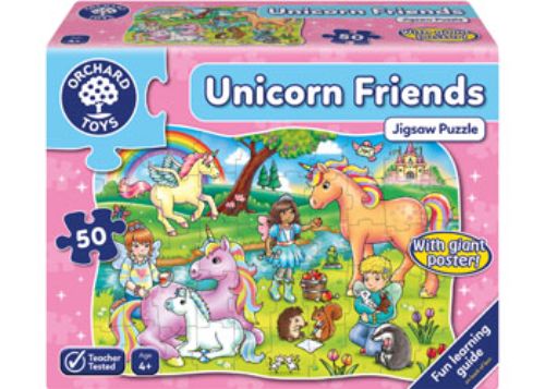 Colorful 50-piece jigsaw puzzle featuring unicorns and woodland creatures, perfect for imaginative kids aged 3 and up.