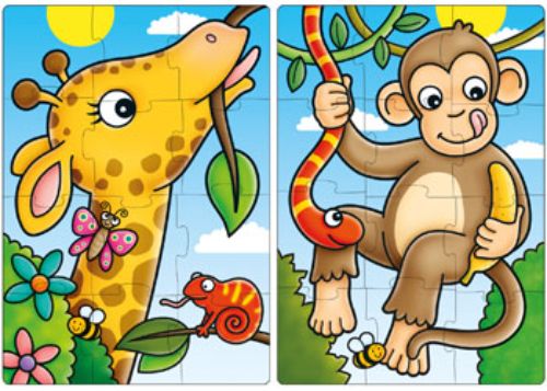 Colorful jigsaw puzzle set featuring two 12-piece puzzles with friendly jungle animals, designed for kids aged 2 and up.