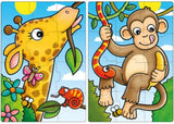 Colorful jigsaw puzzle set featuring two 12-piece puzzles with friendly jungle animals, designed for kids aged 2 and up.