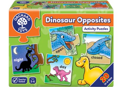 Colorful dinosaur-themed jigsaw puzzles teaching opposites, perfect for toddlers and preschoolers’ early learning.