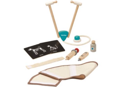 PlanToys Vet Set featuring a doctor bag with stethoscope, syringe, thermometer, and more for imaginative play and animal care.