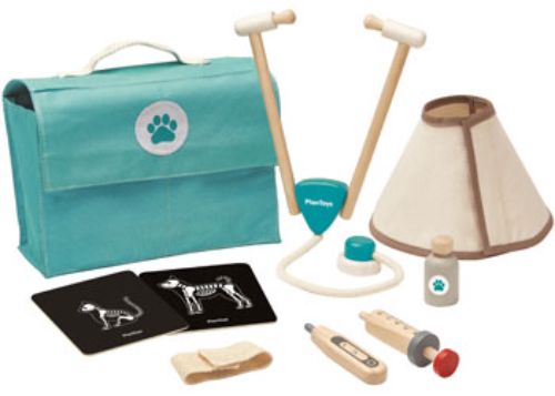 PlanToys Vet Set featuring essential veterinary tools, perfect for nurturing creativity and empathy in children aged 3 and up.