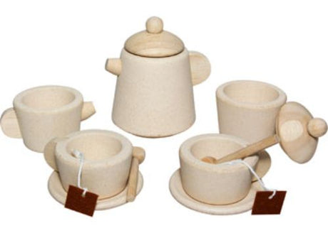 Wooden PlanToys Tea Set with pot, cups, and accessories for imaginative tea parties, made from sustainable materials.