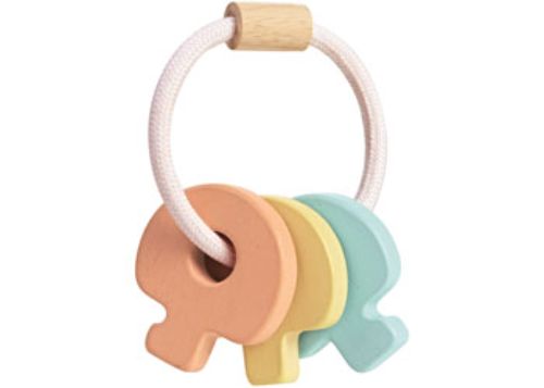 Pastel-colored Key Rattle by PlanToys, designed for sensory exploration and fine motor skills development in infants.