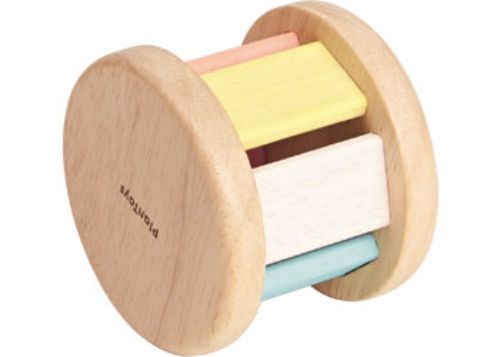 Colorful wooden roller toy designed for toddlers to promote motor skills and sensory development through sound and movement.