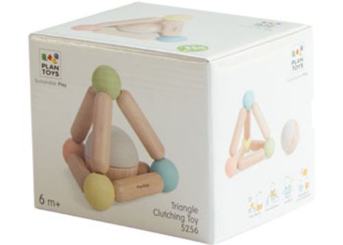 Colorful PlanToys Triangle Clutching Toy for infants, made from sustainable wood, enhances motor skills and sensory exploration.