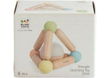 Colorful triangle clutching toy made from sustainable rubberwood, designed to enhance sensory exploration and fine motor skills in infants.