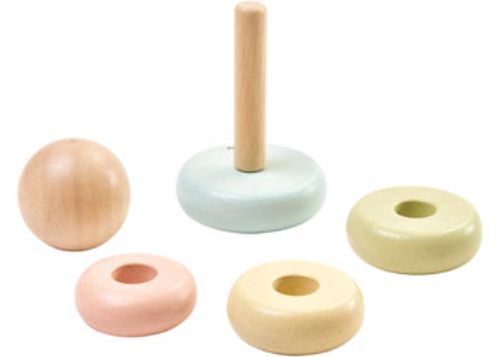 Pastel-colored stacking rings on a foldable rod, promoting fine motor skills and cognitive development for toddlers.