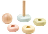 Pastel-colored stacking rings on a foldable rod, promoting fine motor skills and cognitive development for toddlers.