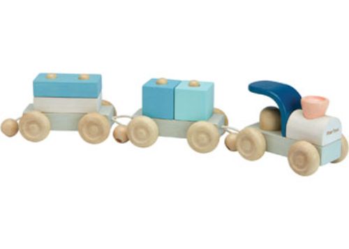 Colorful eco-friendly wooden stacking train set for toddlers, promoting creativity and fine motor skills.