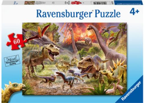 Colorful 60-piece Ravensburger puzzle featuring various dinosaurs in a lush prehistoric landscape with volcanoes.