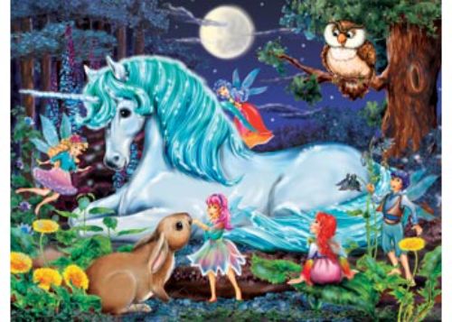 Vibrant Ravensburger 100pc puzzle depicting fairies, knights, unicorns, and dragons in a magical enchanted forest scene.