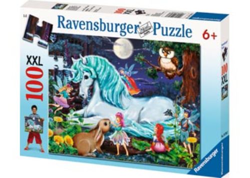 Ravensburger Enchanted Forest Puzzle with 100 vibrant pieces featuring fairies, knights, unicorns, and dragons for imaginative fun.