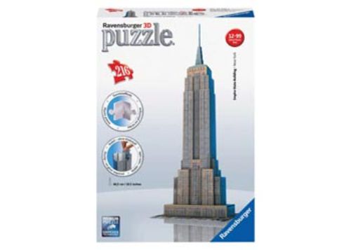 Ravensburger 3D puzzle of the Empire State Building, 216 pieces, standing 47 cm tall, no glue needed for assembly.