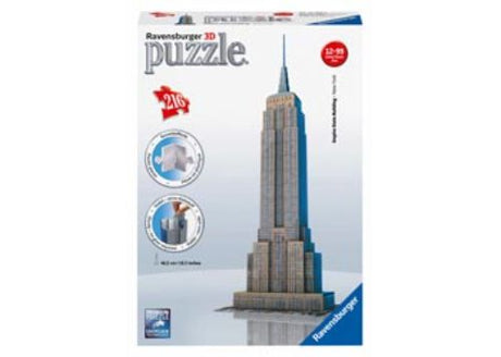 Empire State Building 3D puzzle featuring 216 plastic pieces, 47 cm tall when assembled, showcasing iconic NYC architecture.