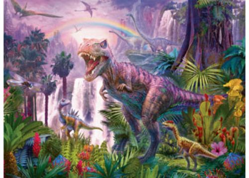 Colorful 200pc Ravensburger dinosaur puzzle featuring T-Rexes, Brachiosauruses, and Pterosaurs for kids aged 6 and up.