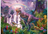 Colorful 200pc Ravensburger dinosaur puzzle featuring T-Rexes, Brachiosauruses, and Pterosaurs for kids aged 6 and up.