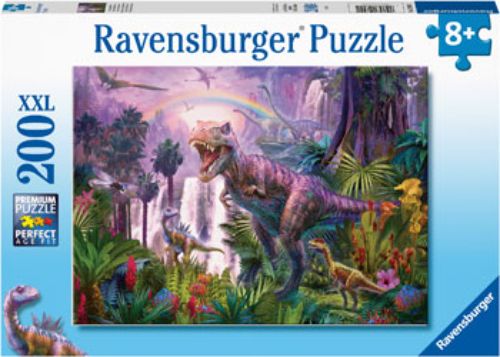 Colorful 200pc dinosaur puzzle featuring T-Rexes, Brachiosauruses, and Pterosaurs for children's imaginative play.