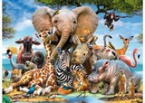 Ravensburger 300pc puzzle featuring wild animals like lions, giraffes, and pandas, perfect for kids aged 6 and up.