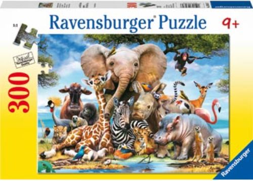 300pc Ravensburger puzzle featuring vibrant wild animals like lions, giraffes, and elephants, perfect for kids aged 6 and up.