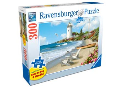 Large format 300-piece puzzle featuring a vibrant, tranquil coastal scene, perfect for family fun and relaxation.